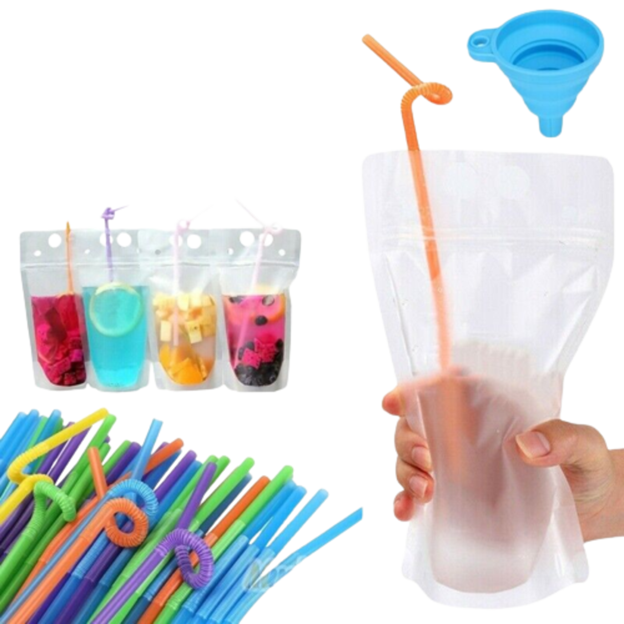 Kitcheniva 100 Pcs Drink Pouches Bags Stand-Up Zipper w/ Straws & Funnel for Cold & Hot Drinks